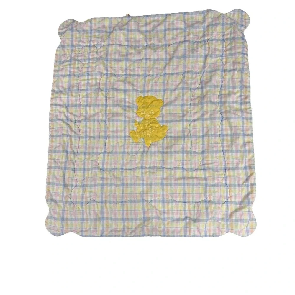 VTG Bear Crib Blanket‎ Baby Quilt Pastel Plaid Yellow 1980s Floor Play USA